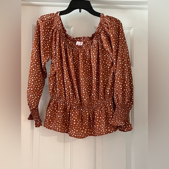 Pink Lily Tops - Pink Lily Polka Dot Ruffle Hem Blouse - Brown